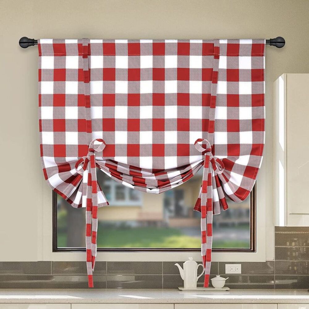 Simple Deluxe Buffalo Check Gathered Window Curtain Pair of 2 -Plaid Light